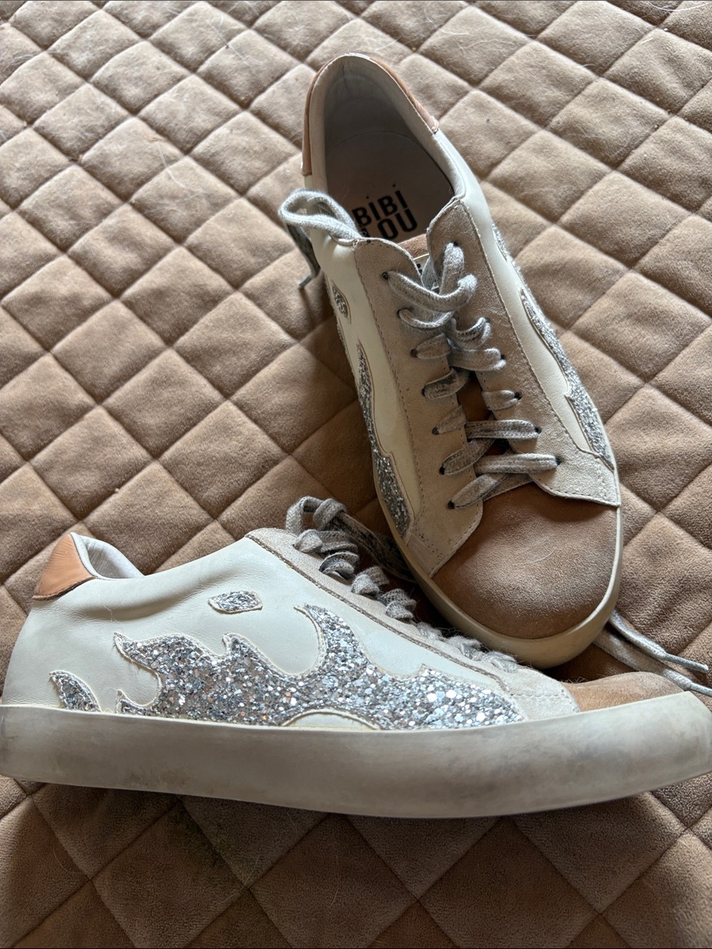 Women's Bibi Lou White and Tan Glitter Flame Sneakers, Size 38